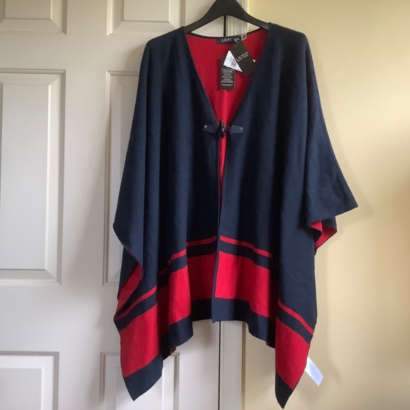 Lauren Ralph Lauren Intarsia-Knit Two-Tone Poncho Navy Red One Size Plus - Picture 9 of 16